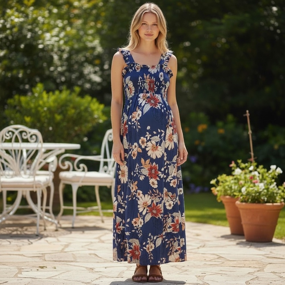 Isabel Maternity Ingrid & Isabel Navy Floral Smocked Maxi Dress Boho Size XS NWT